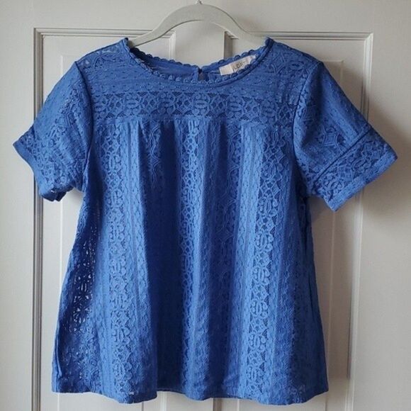 LOFT BLUE LACE A-LINE TOP SIZE SMALL FEMININE ROMANTIC GIRLY CORE COQUETTE - Picture 1 of 8